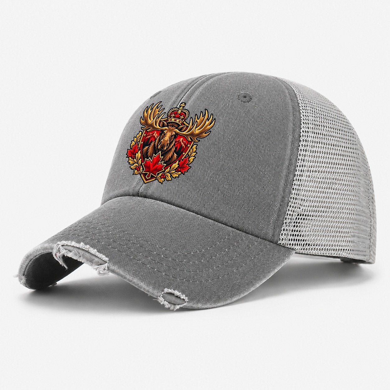 Canada Heraldic Crest Country Logos Washed Trucker Hat – Grey