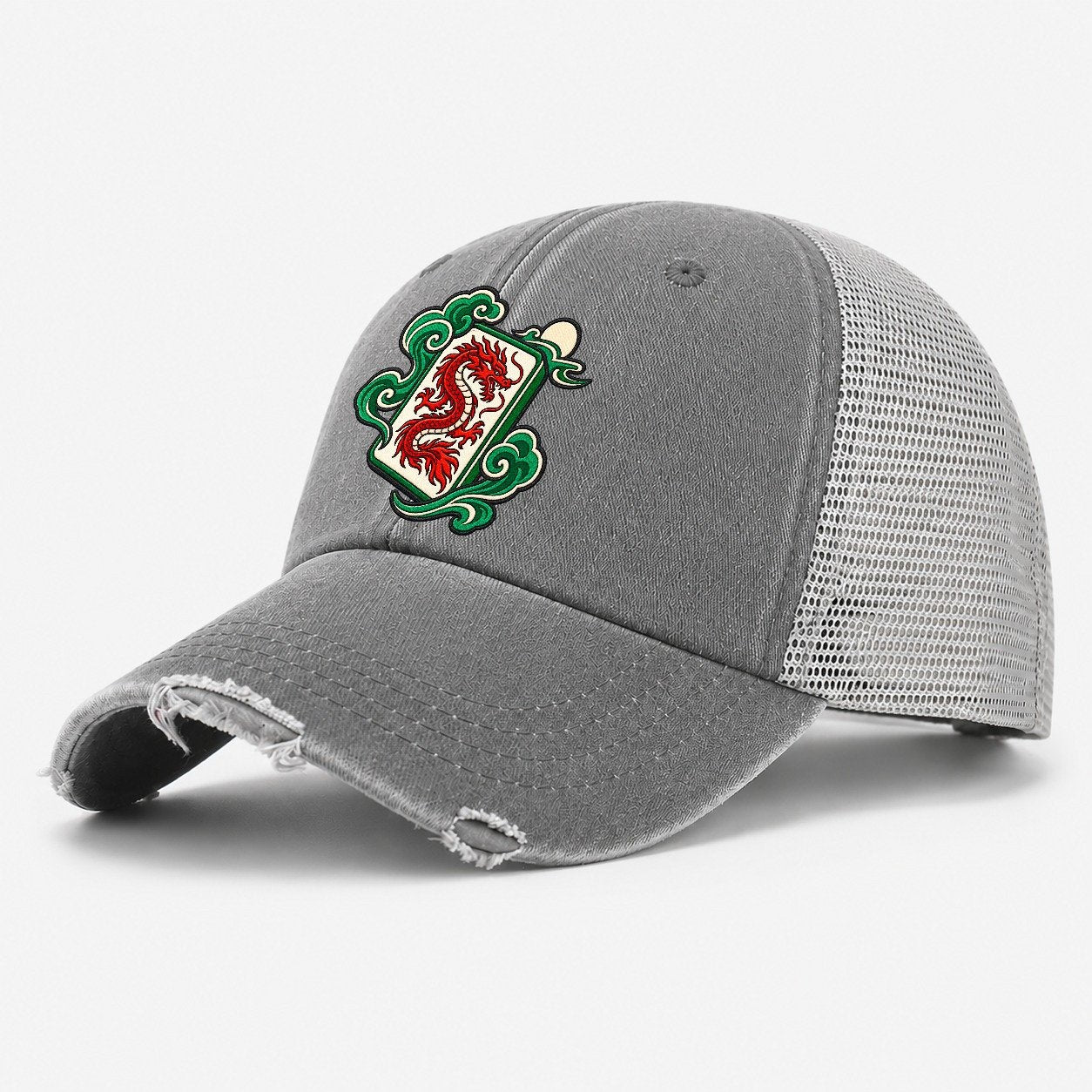 Red Dragon Mahjong Game Night Washed Trucker Hat – Grey