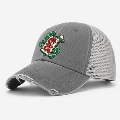 Red Dragon Mahjong Game Night Washed Trucker Hat – Grey