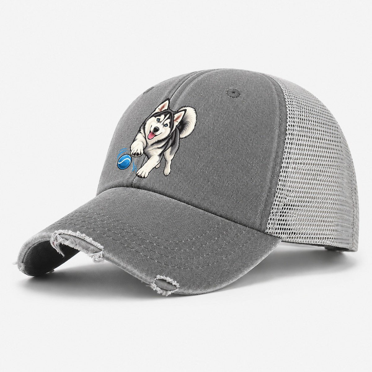 Blue-Eyed Husky Chasing Ball Washed Trucker Hat – Grey