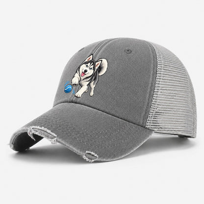 Blue-Eyed Husky Chasing Ball Washed Trucker Hat – Grey