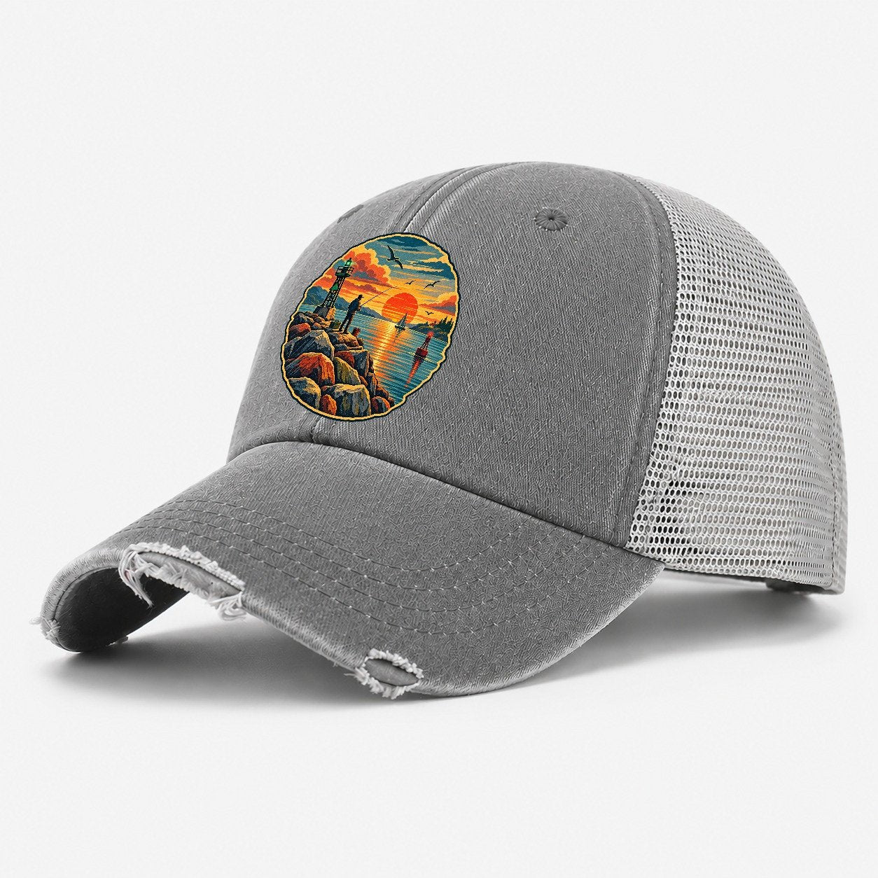 Harbor Jetty Sunset Fishing Club Washed Trucker Hat – Grey