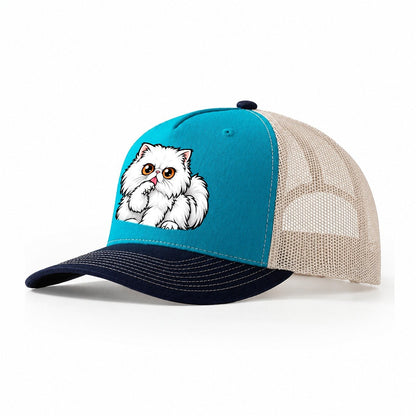 White Persian Grooming Peeking Cats Trucker Hat – Teal Navy