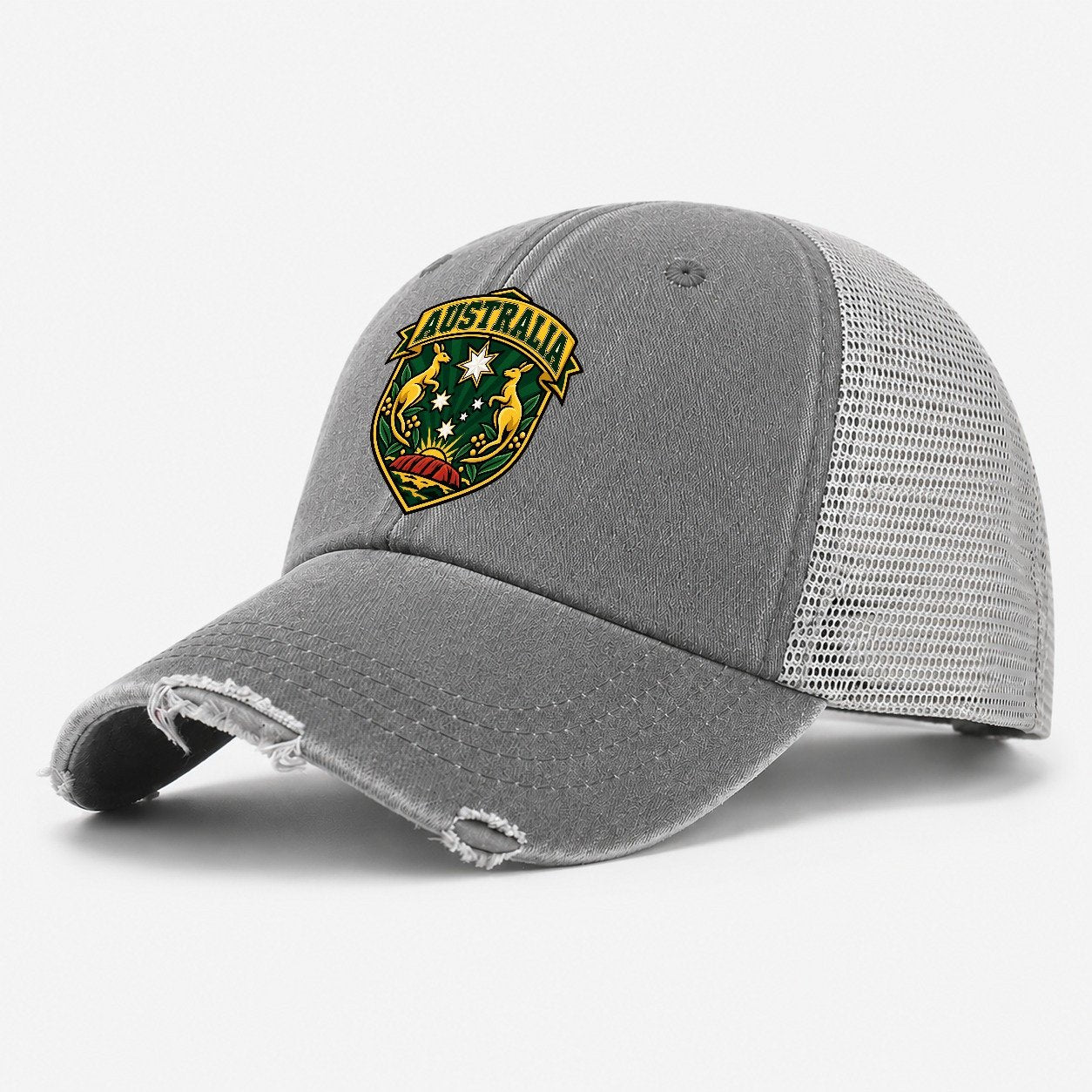 Australia Retro Badge Country Logos Washed Trucker Hat – Grey