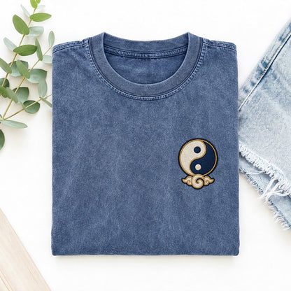 Yin Yang Cloud Symbol Emblems Left Chest Vintage T-shirt – Washed Blue