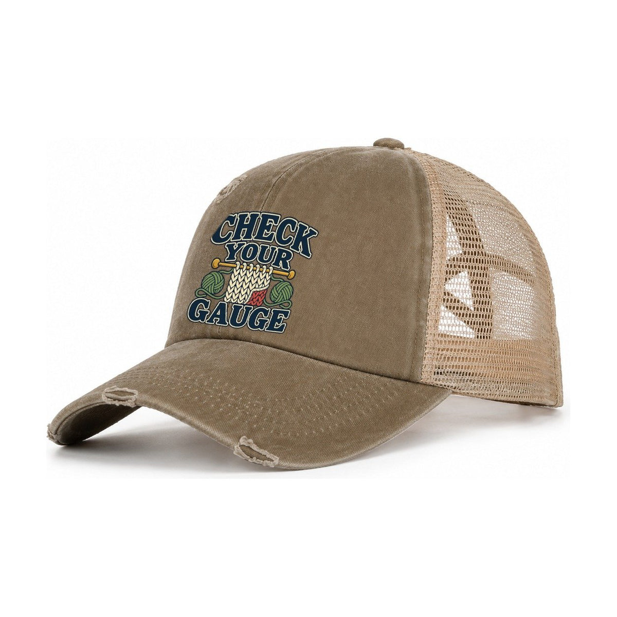 Check Your Gauge Yarn Crafts Women's Ponytail Trucker Hat – Taupe Khaki