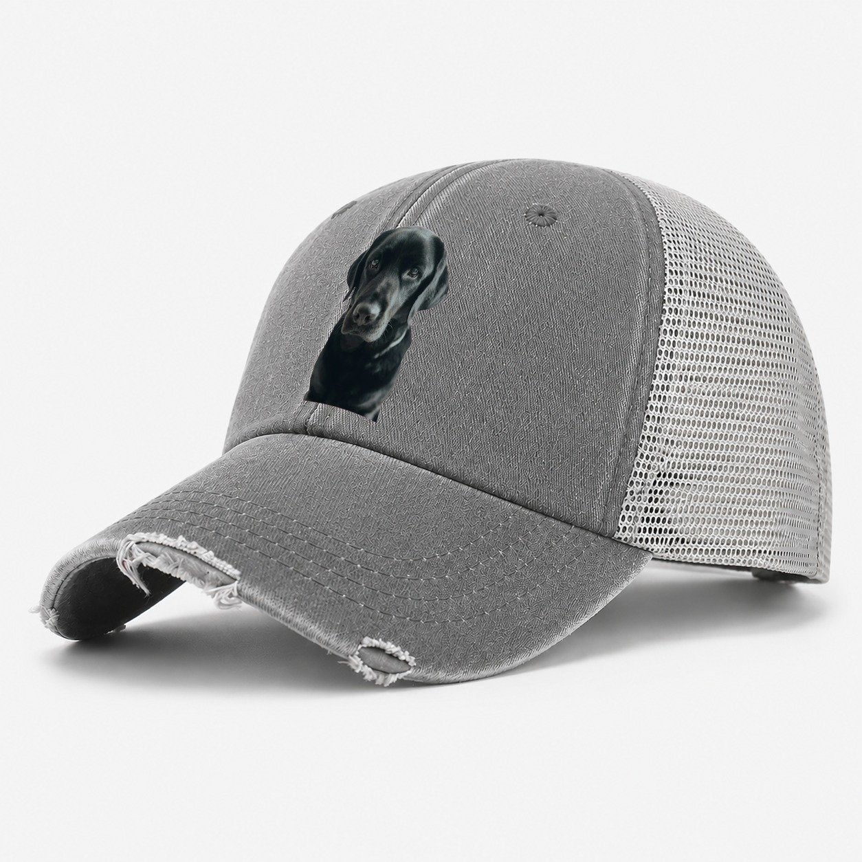 Black Labrador Portrait Washed Trucker Hat – Grey