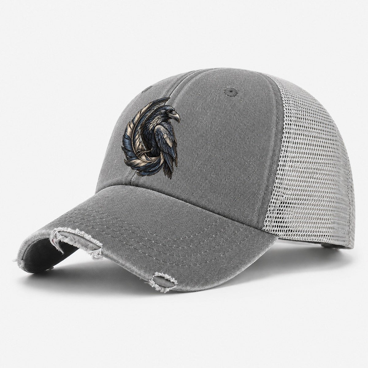Raven Feather Spiral Everyday Originals Washed Trucker Hat – Grey
