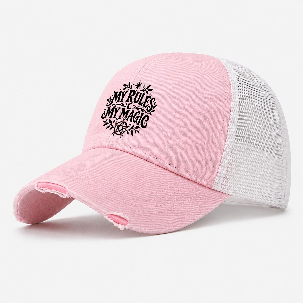 My Rules My Magic Slogan Witch Magic Washed Trucker Hat – Light Pink