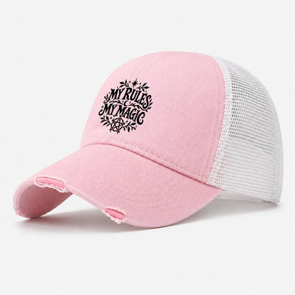 My Rules My Magic Slogan Witch Magic Washed Trucker Hat – Light Pink