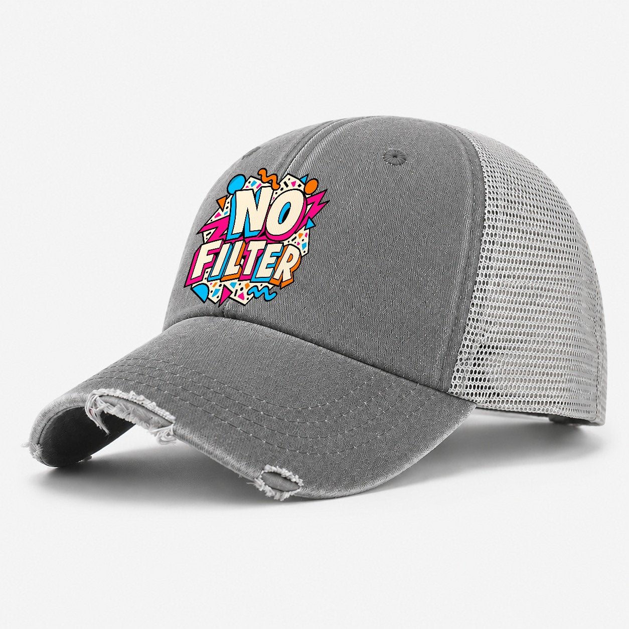 No Filter Crazy Styles Washed Trucker Hat – Grey