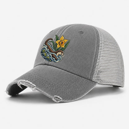 Welsh Otter And Daffodil Stream Uk Culture Heritage Washed Trucker Hat – Grey