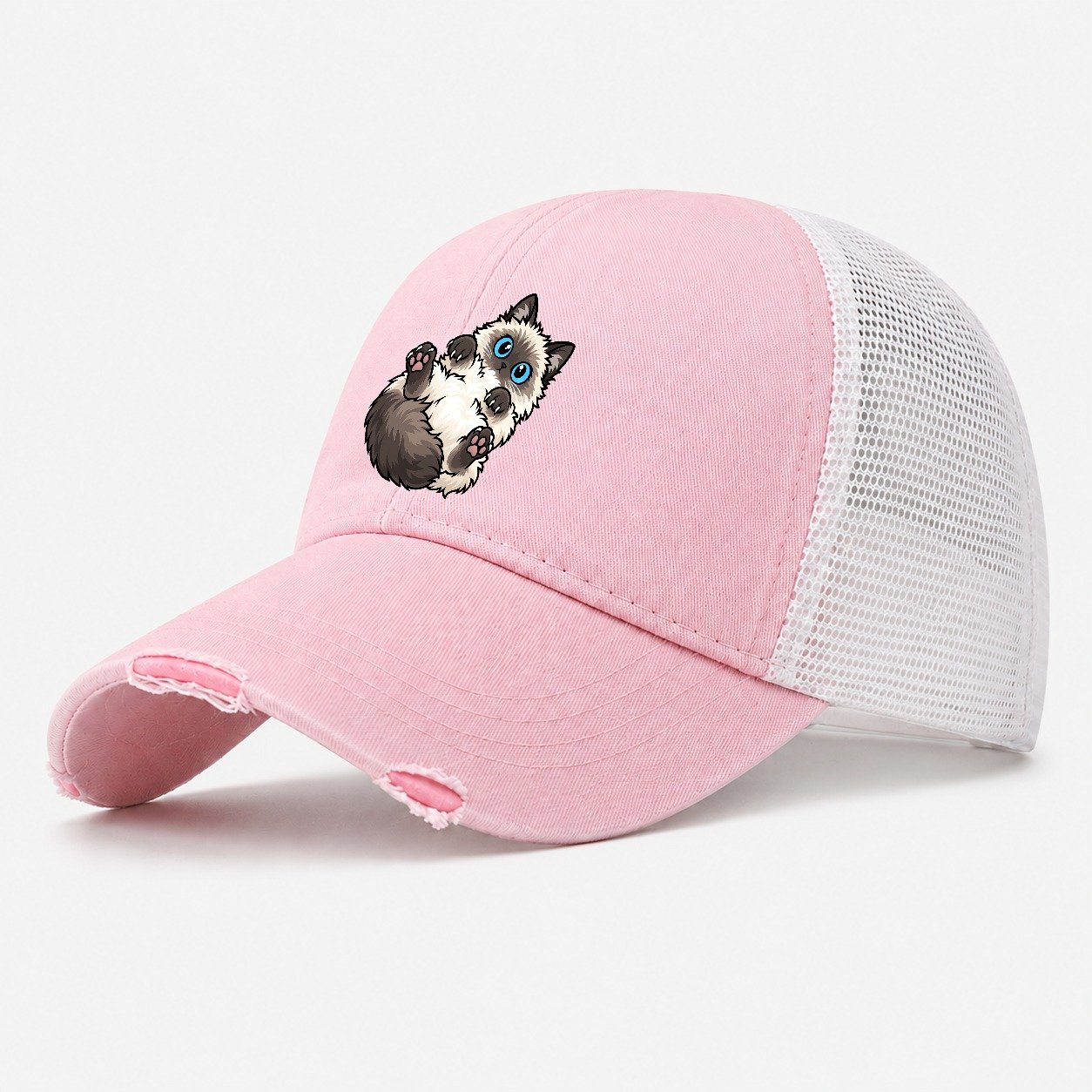 Ragdoll Flopped Peeking Cats Washed Trucker Hat – Light Pink