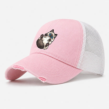 Ragdoll Flopped Peeking Cats Washed Trucker Hat – Light Pink