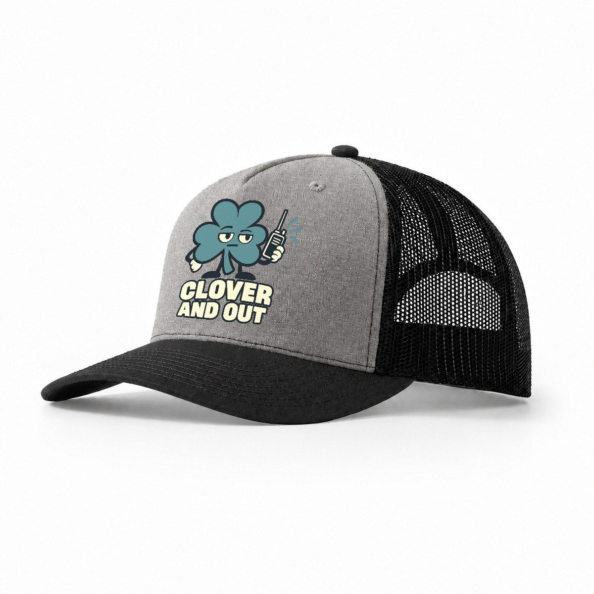 Clover And Out Familiar Punchlines Trucker Hat – Grey Black