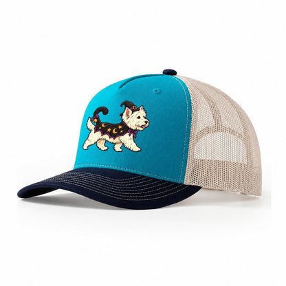 One West Highland Terrier In Halloween Costume Little Witch S Cat Familiar Costume With A Tiny Hat Halloween Dog Parade Trucker Hat – Teal Navy
