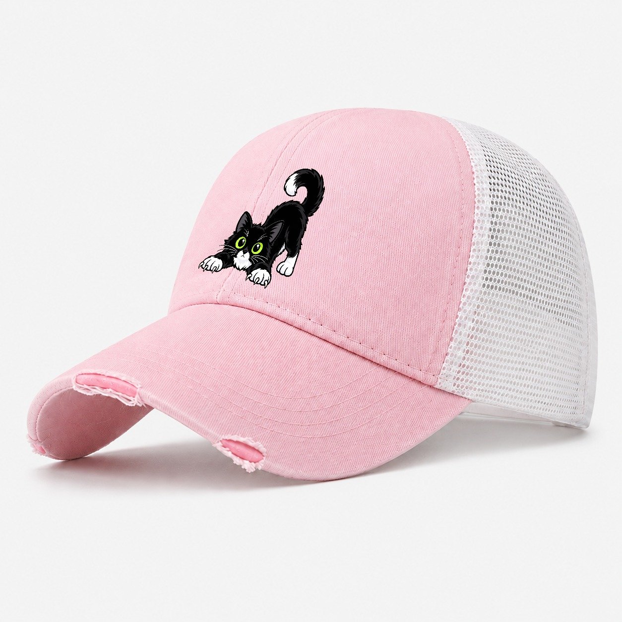 Tuxedo Cat Stretching Peeking Cats Washed Trucker Hat – Light Pink