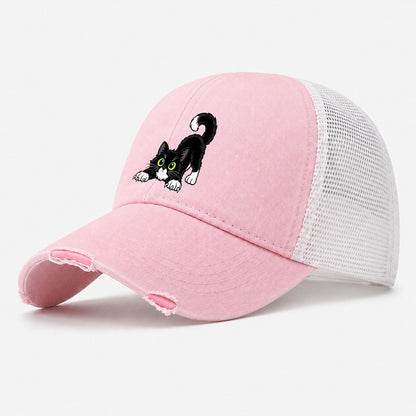 Tuxedo Cat Stretching Peeking Cats Washed Trucker Hat – Light Pink