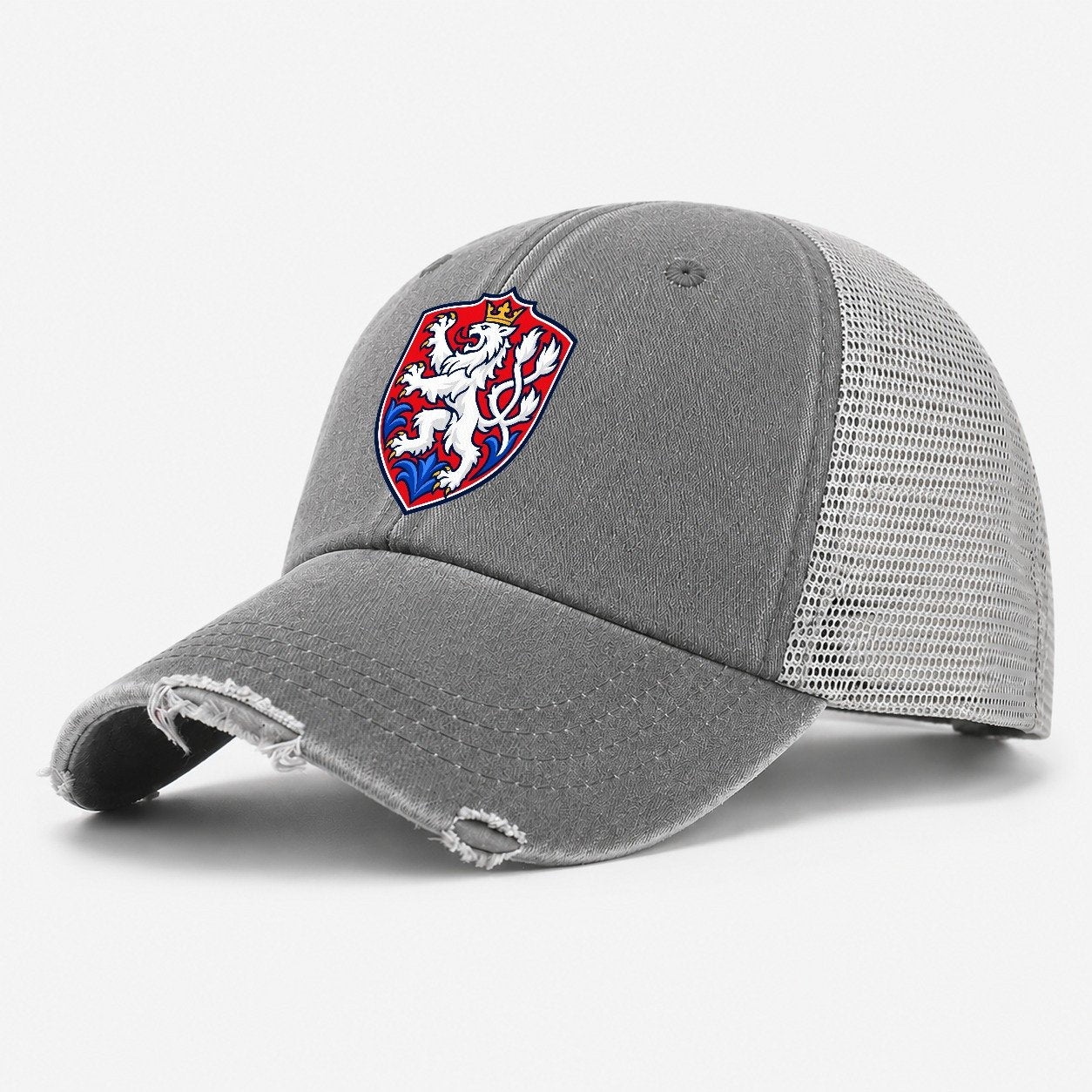Czech Republic Minimal Emblem Country Logos Washed Trucker Hat – Grey
