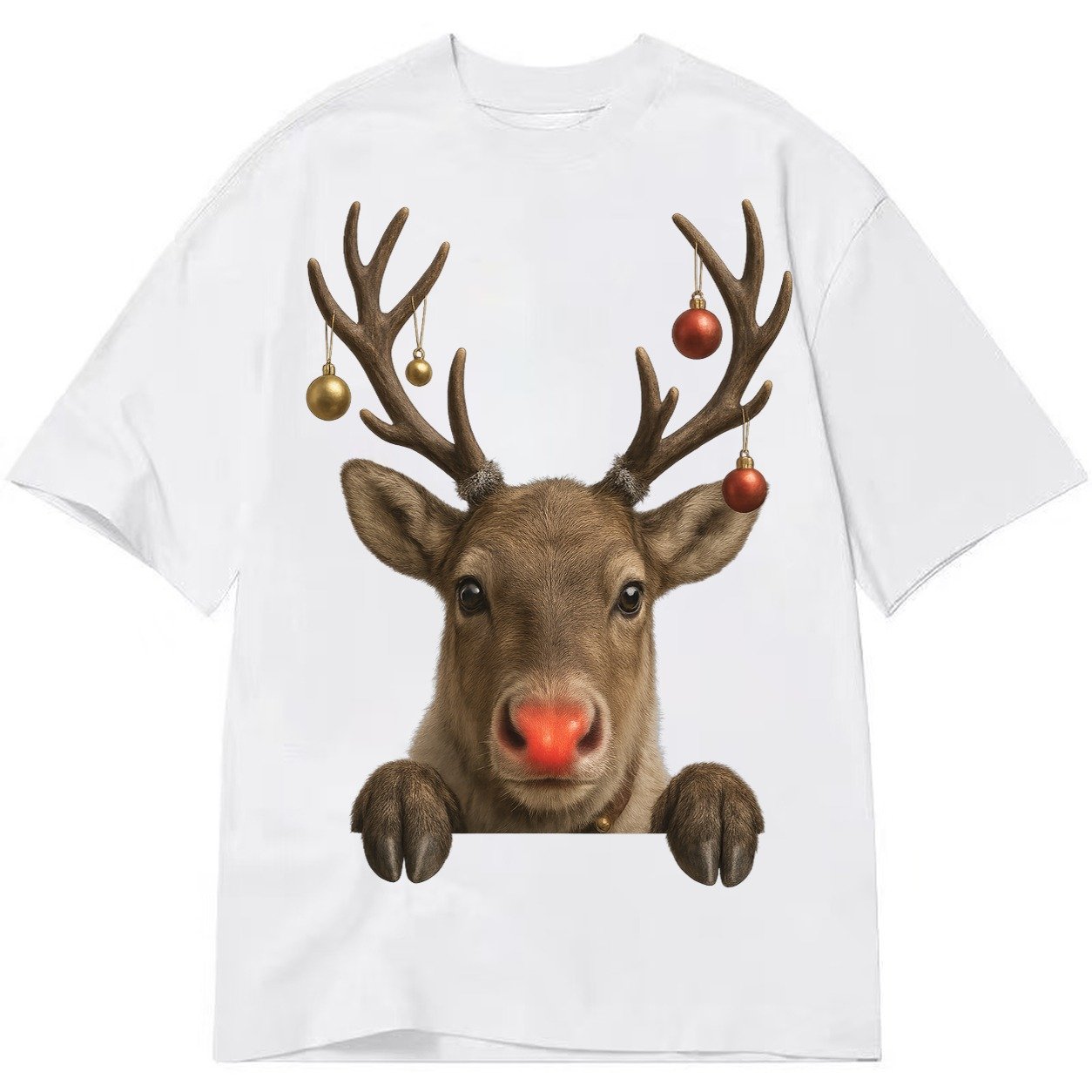 Christmas Reindeer Red Nose Glowing Antlers With Ornaments J Classic T-shirt – White