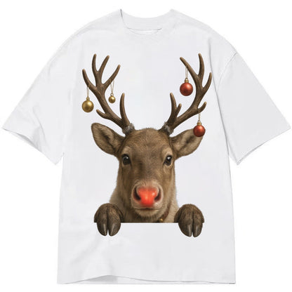 Christmas Reindeer Red Nose Glowing Antlers With Ornaments J Classic T-shirt – White