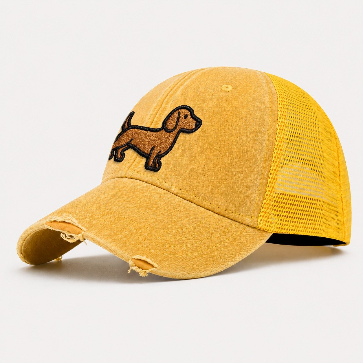 Dachshund Modern Elongated Silhouette Washed Trucker Hat – Yellow