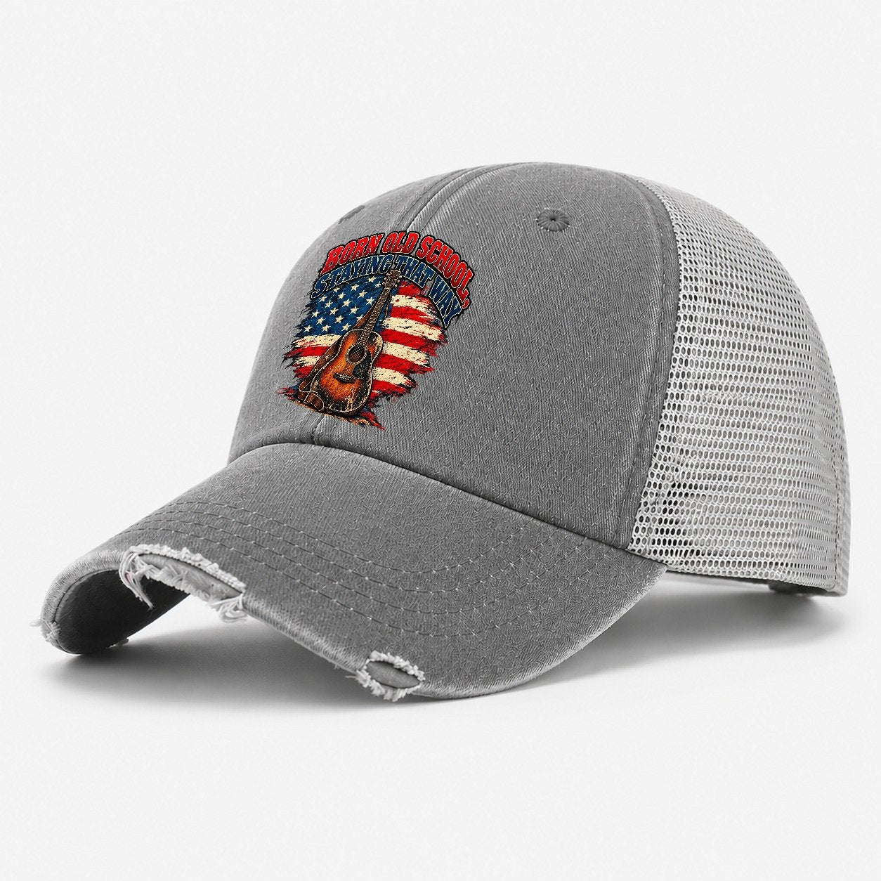 Born Old School Staying That Way Old Man Strong Washed Trucker Hat – Grey