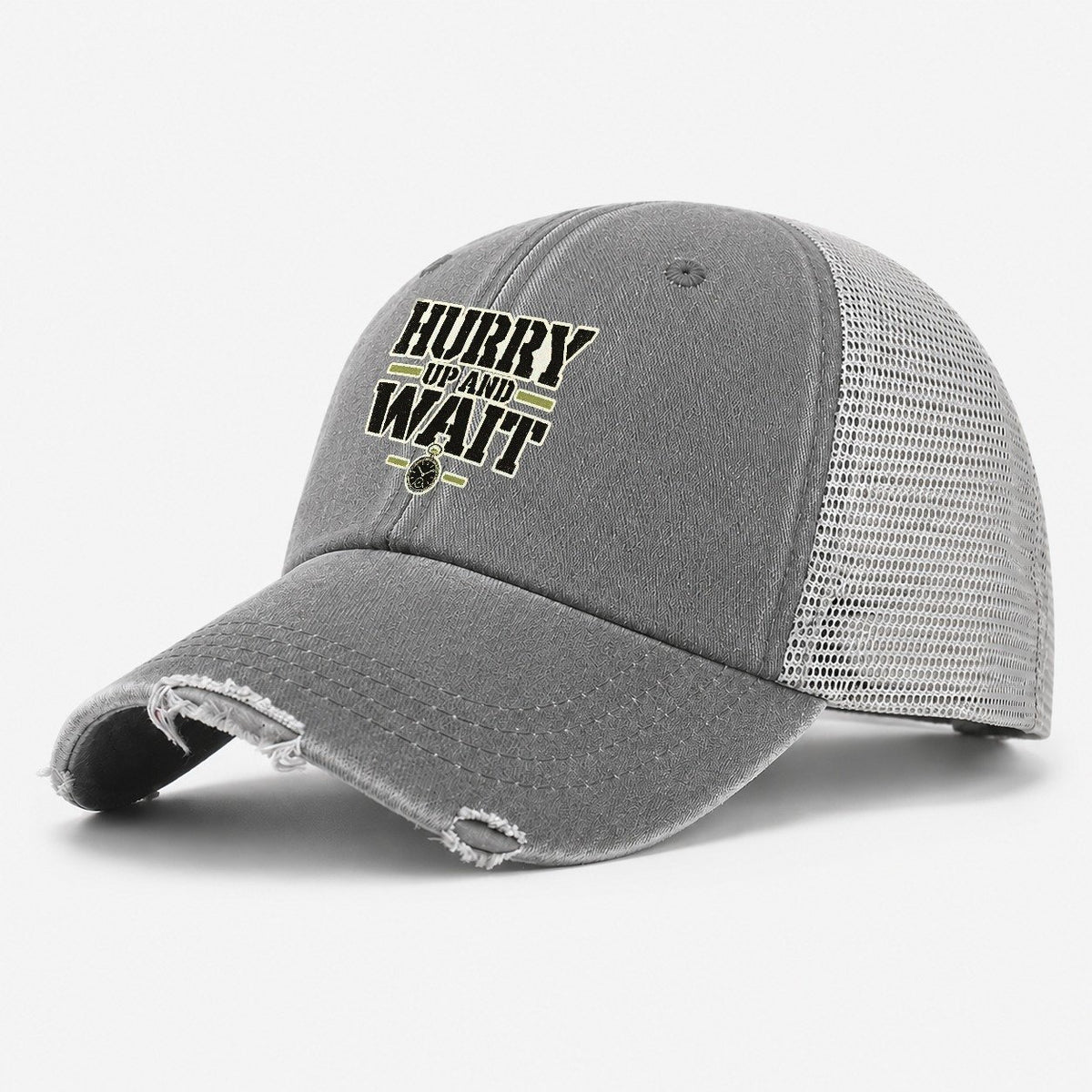Hurry Up And Wait Barracks Wit Washed Trucker Hat – Grey
