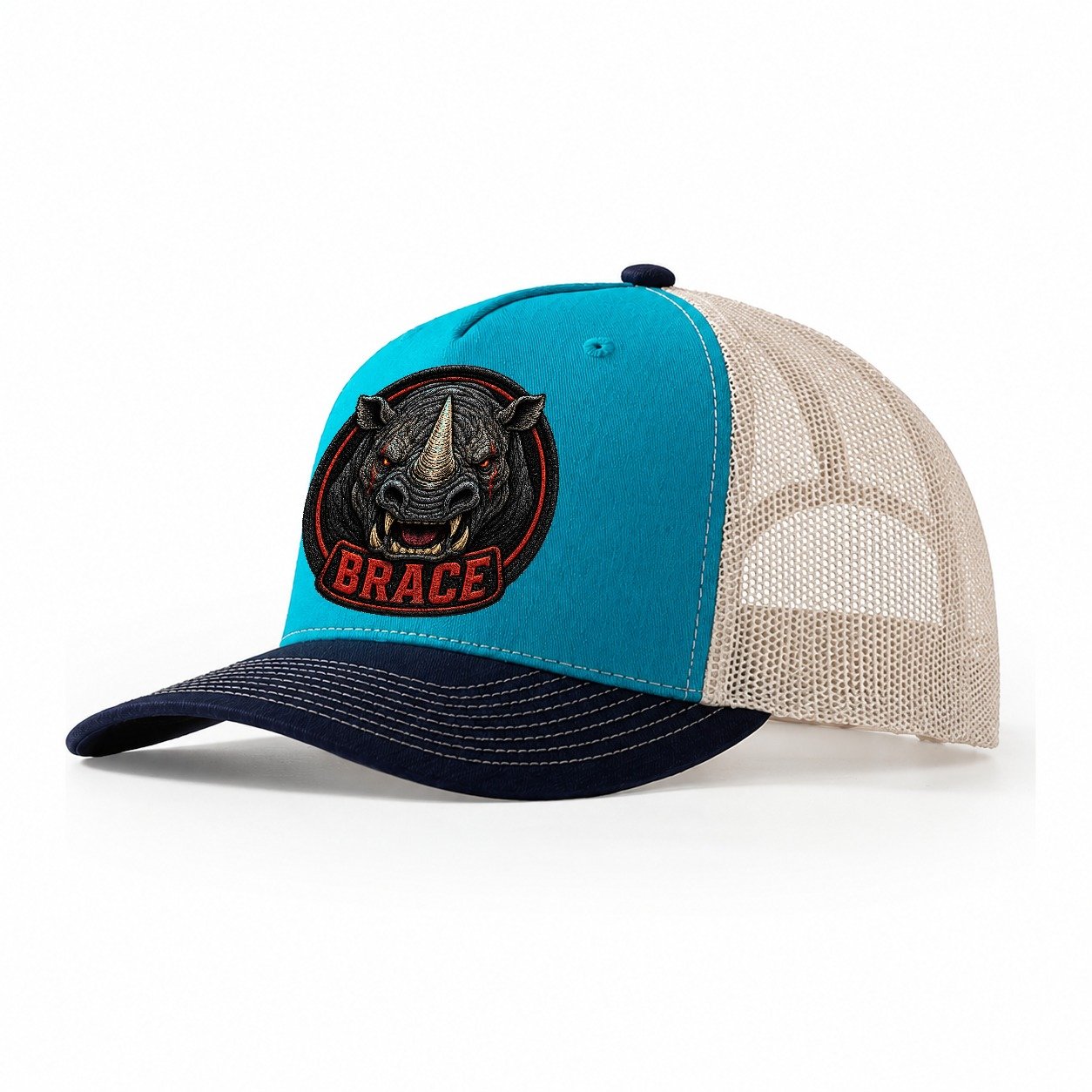 Rhino Brace Badge Trucker Hat – Teal Navy