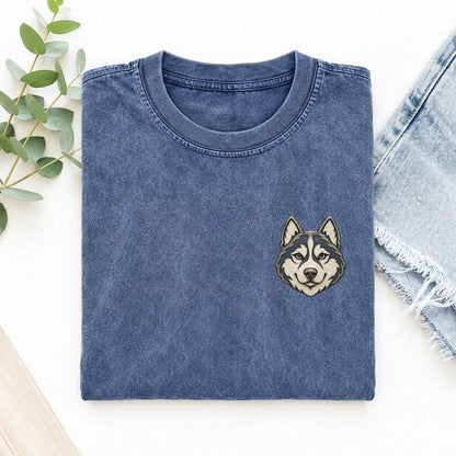 Husky Forward Ears Keepsake Emblem Left Chest Vintage T-shirt – Washed Blue