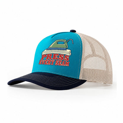 Press Every Seam Sewing And Quilting Trucker Hat – Teal Navy