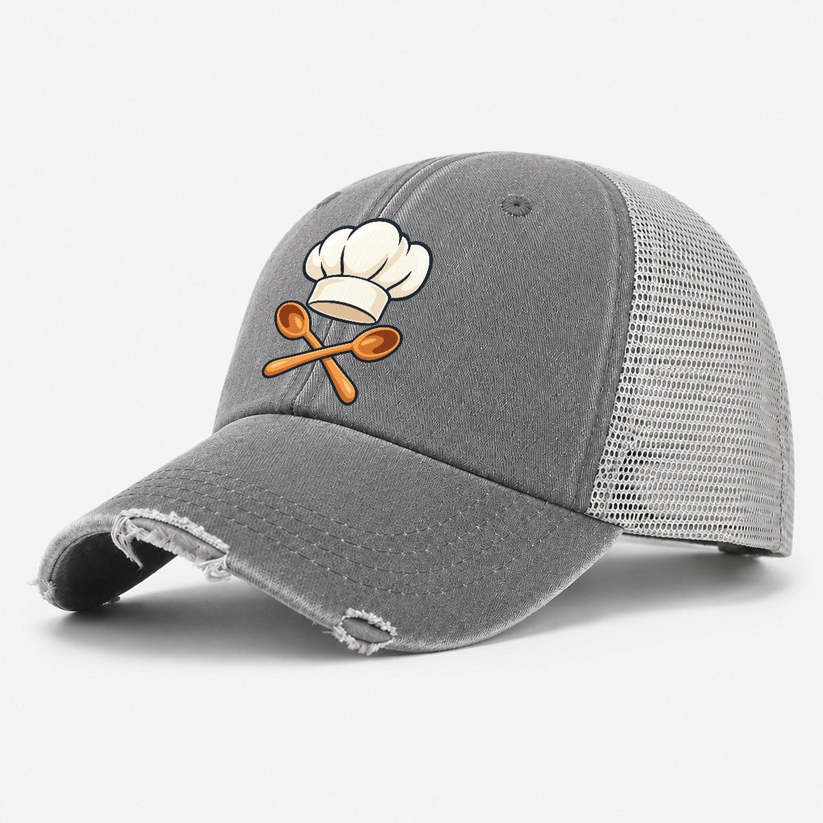 Reimagined Chef Hat & Crossed Spoons Washed Trucker Hat – Grey