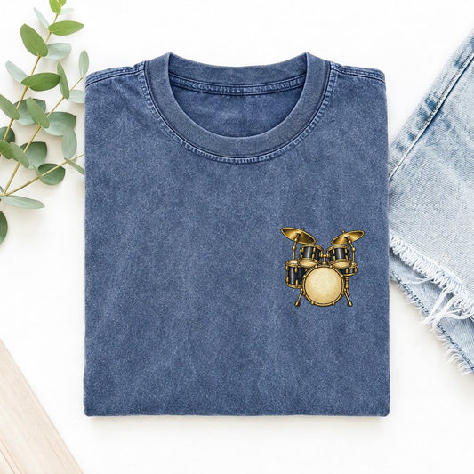 Vintage Drum Kit Left Chest Vintage T-shirt – Washed Blue