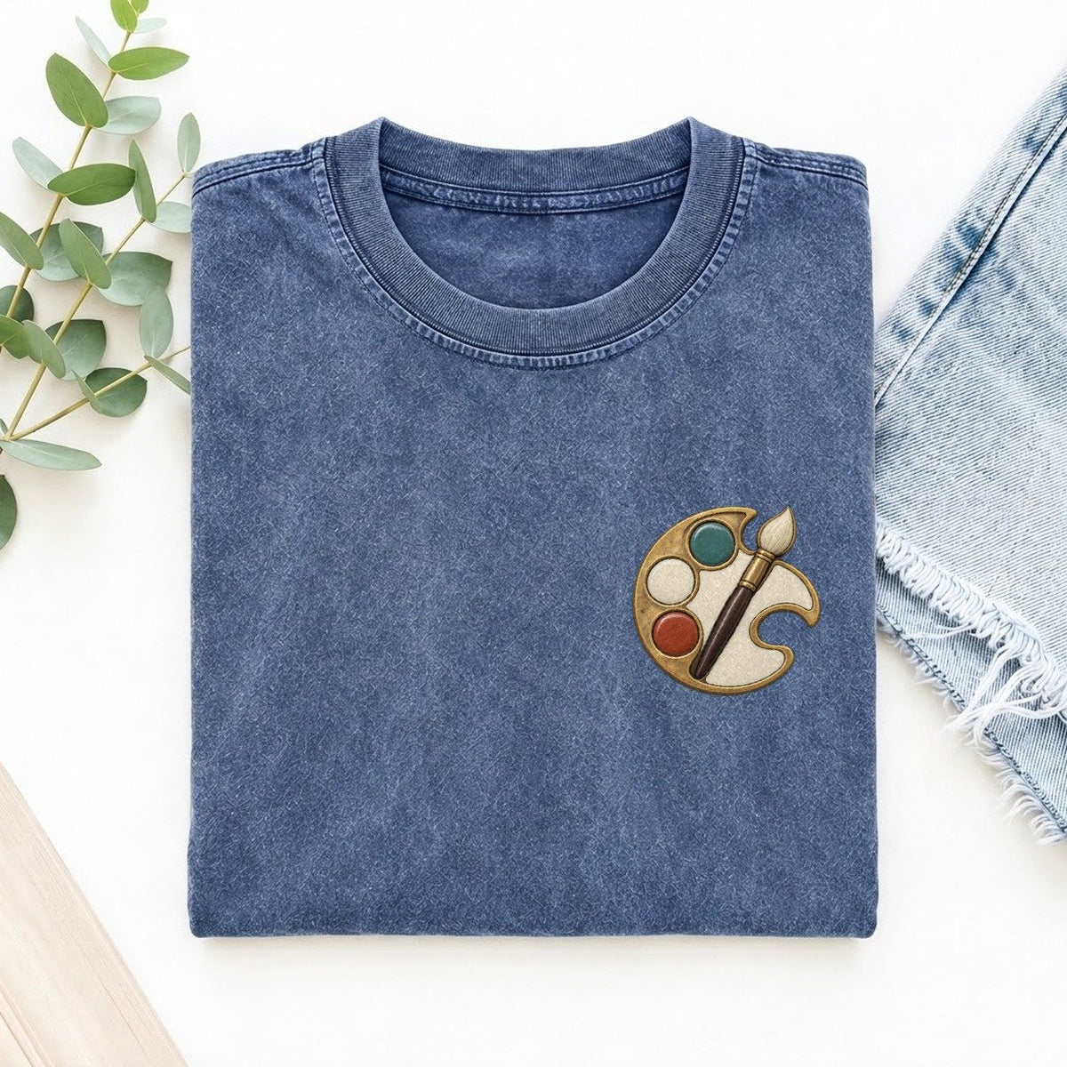 Painter Palette Crescent Keepsake Emblem Left Chest Vintage T-shirt – Washed Blue