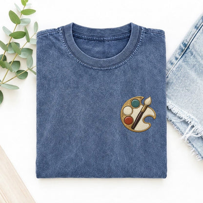 Painter Palette Crescent Keepsake Emblem Left Chest Vintage T-shirt – Washed Blue