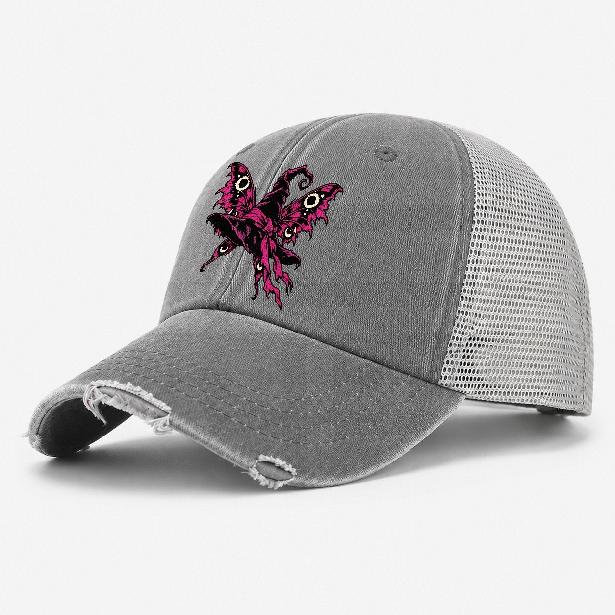 Moth Winged Witch Hat Witch Magic Washed Trucker Hat – Grey