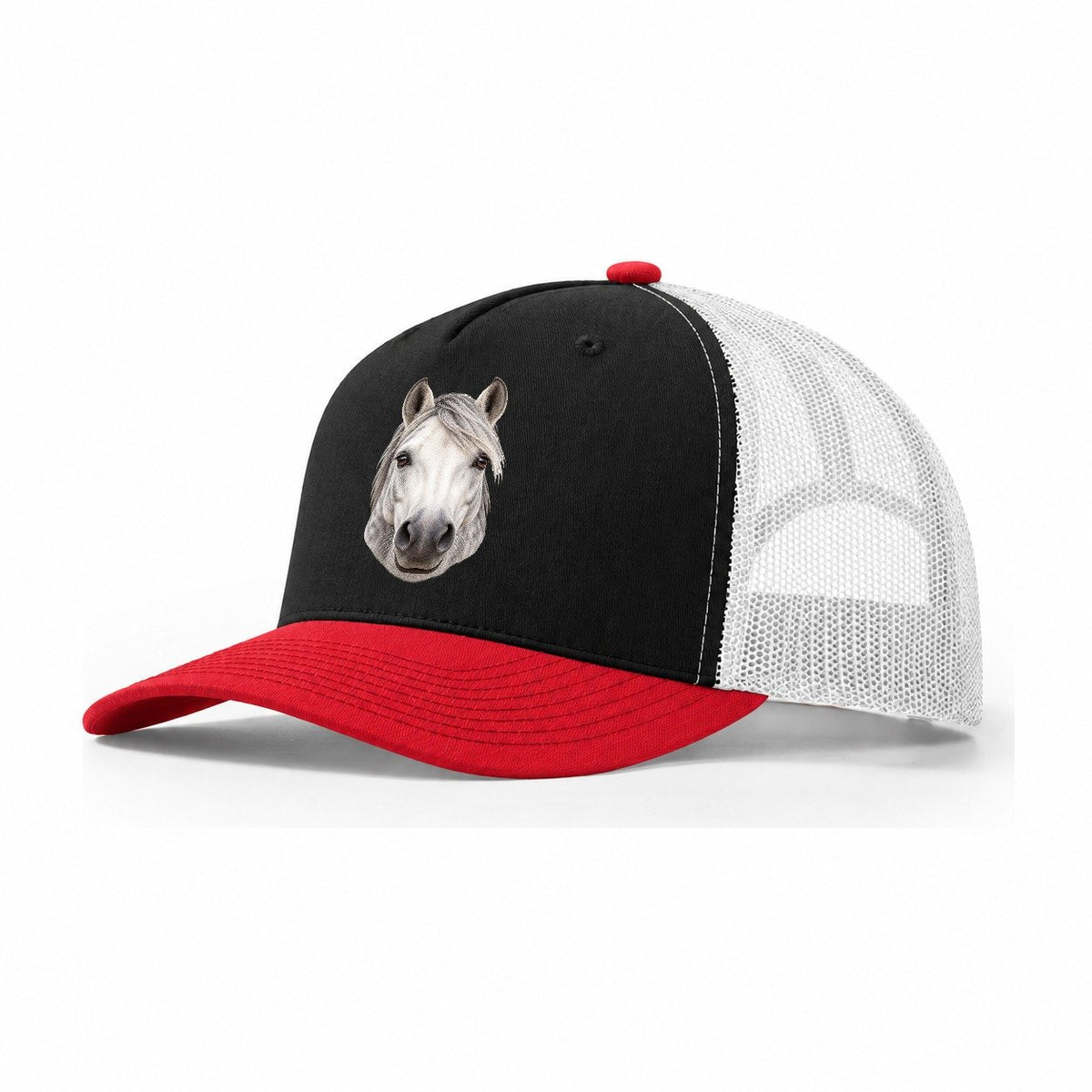 Grey Horse Windblown Forelock Pastimes Companions Trucker Hat – Black Red White