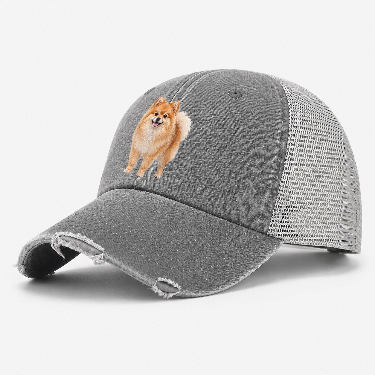 Pomeranian Standing Top Breeds Washed Trucker Hat – Grey