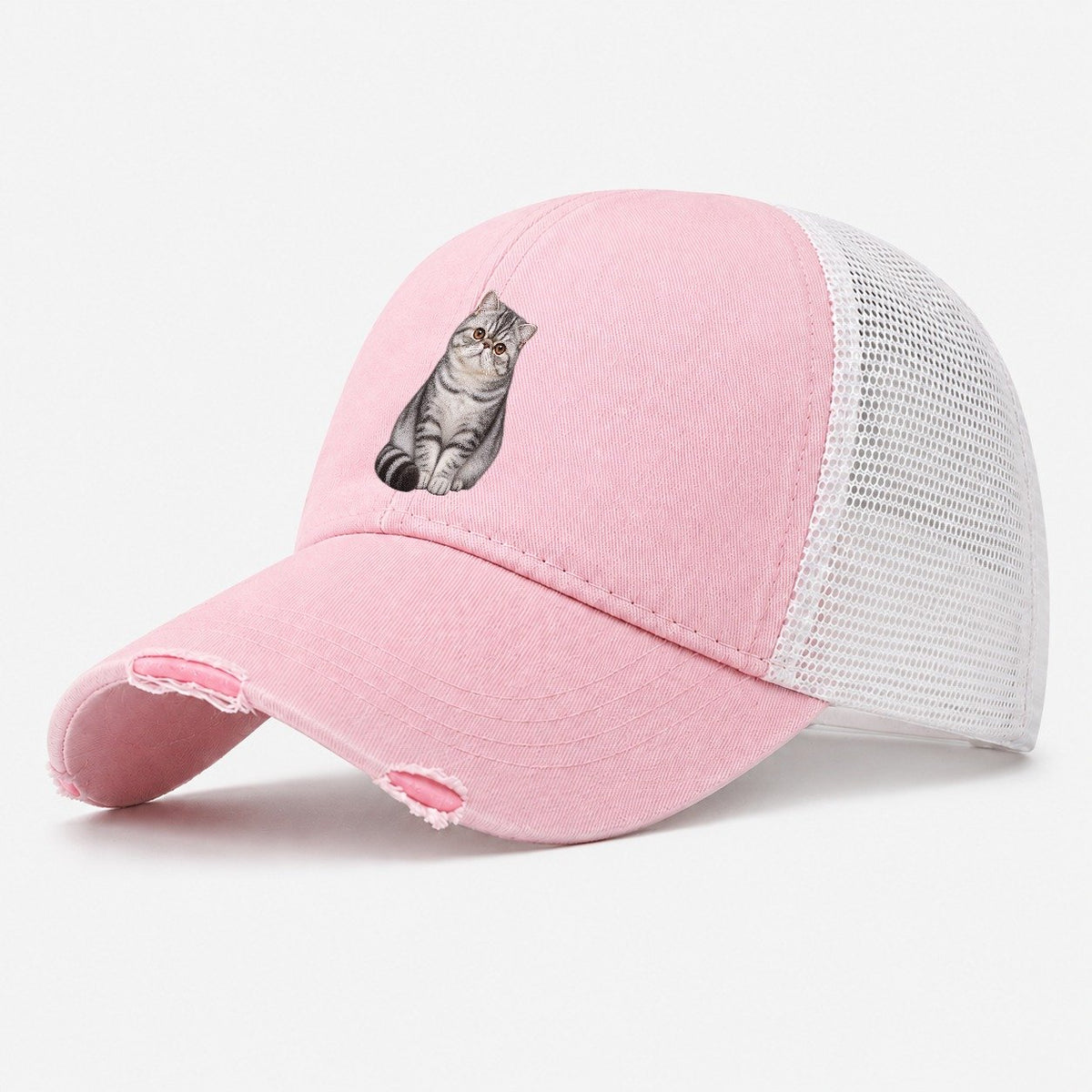 Exotic Shorthair Seated Portrait Realistic Cat Portrait Washed Trucker Hat – Light Pink