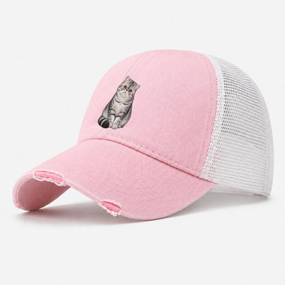 Exotic Shorthair Seated Portrait Realistic Cat Portrait Washed Trucker Hat – Light Pink