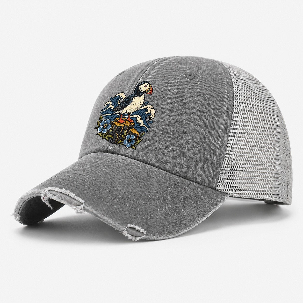 Causeway Coast Puffin And Flax Flowers Uk Culture Heritage Washed Trucker Hat – Grey
