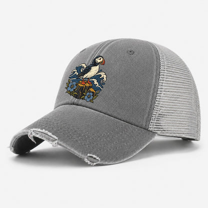 Causeway Coast Puffin And Flax Flowers Uk Culture Heritage Washed Trucker Hat – Grey