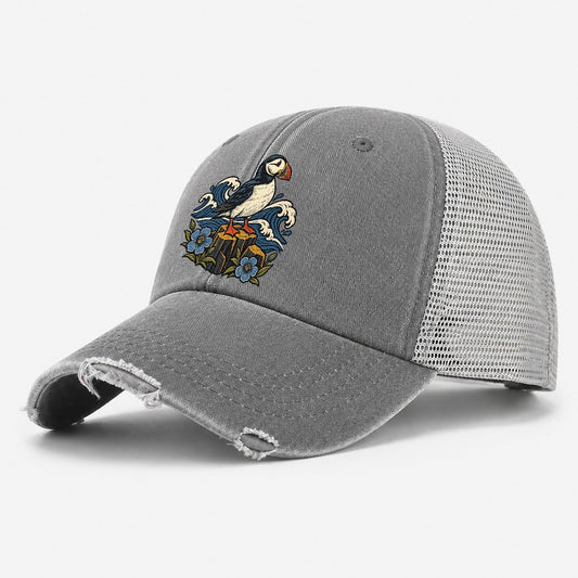 Causeway Coast Puffin And Flax Flowers Uk Culture Heritage Washed Trucker Hat – Grey