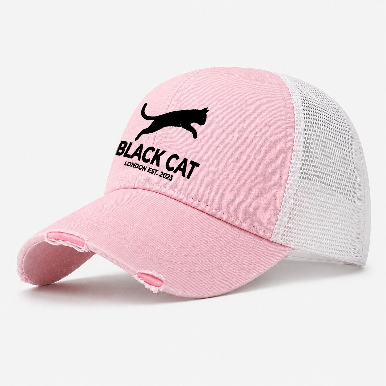 Black Cat London Est. 2023 Design Washed Trucker Hat – Light Pink