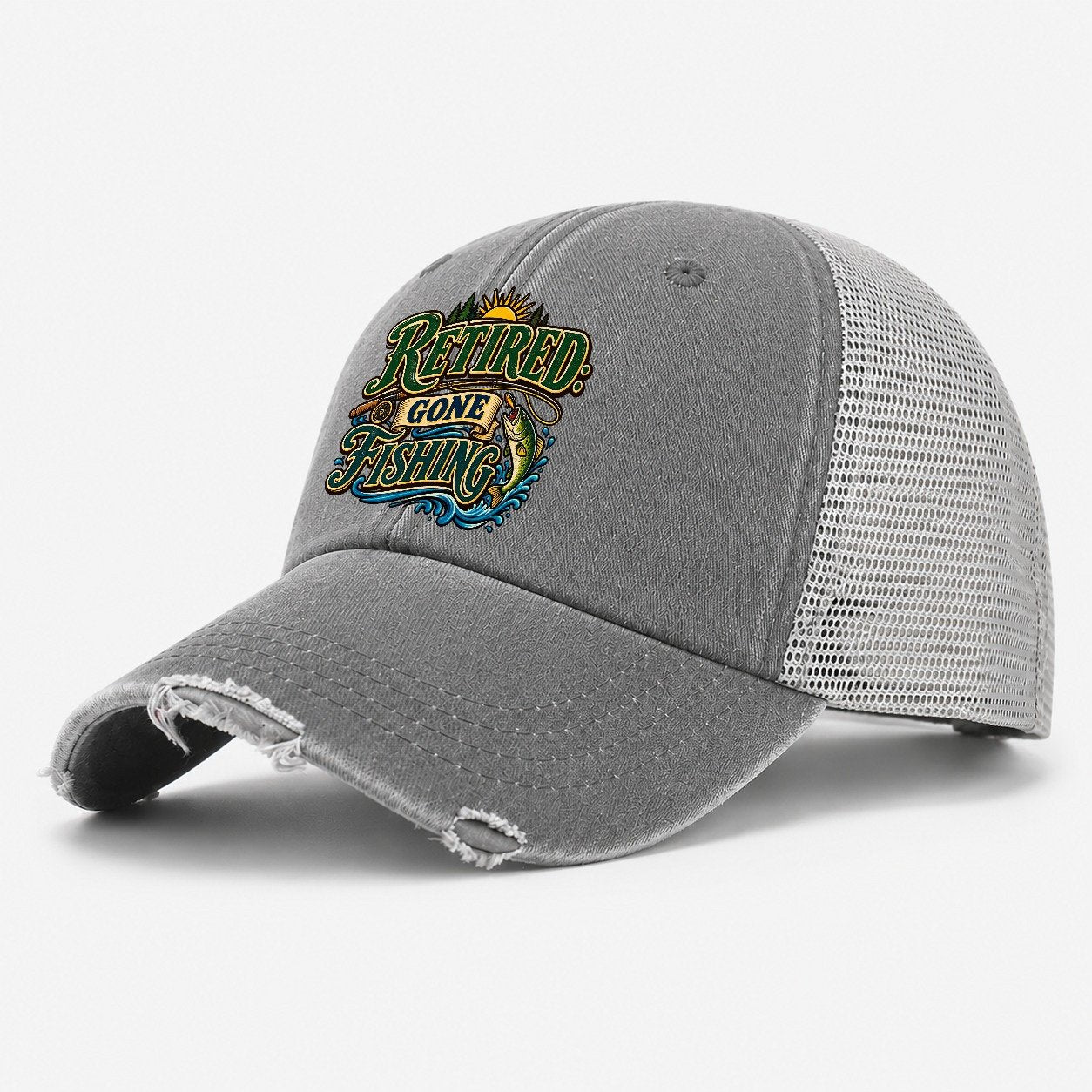 Retired Gone Fishing Retired Living Washed Trucker Hat – Grey