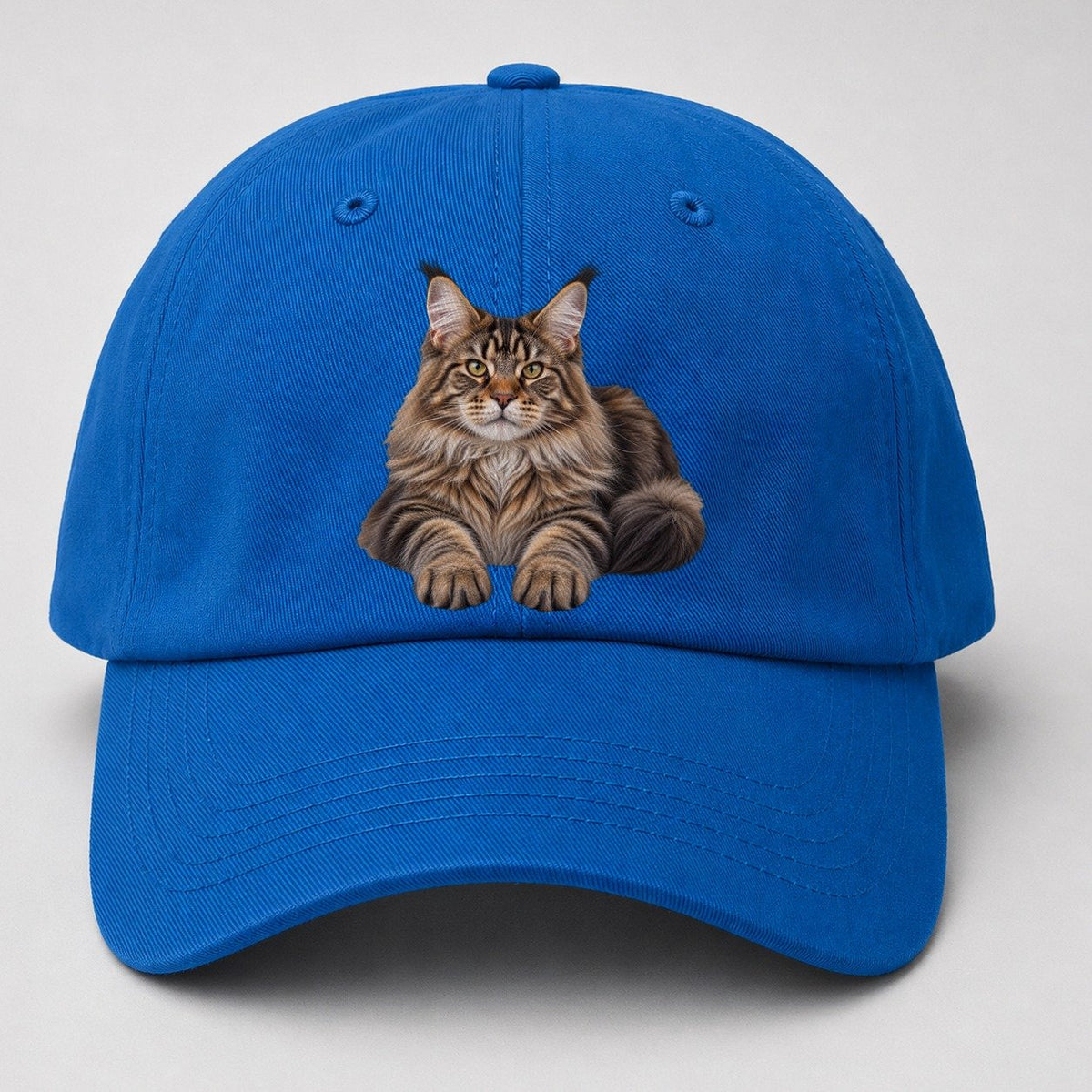 Maine Coon Reclining Paws Forward Realistic Cat Portrait Baseball Cap – Blue