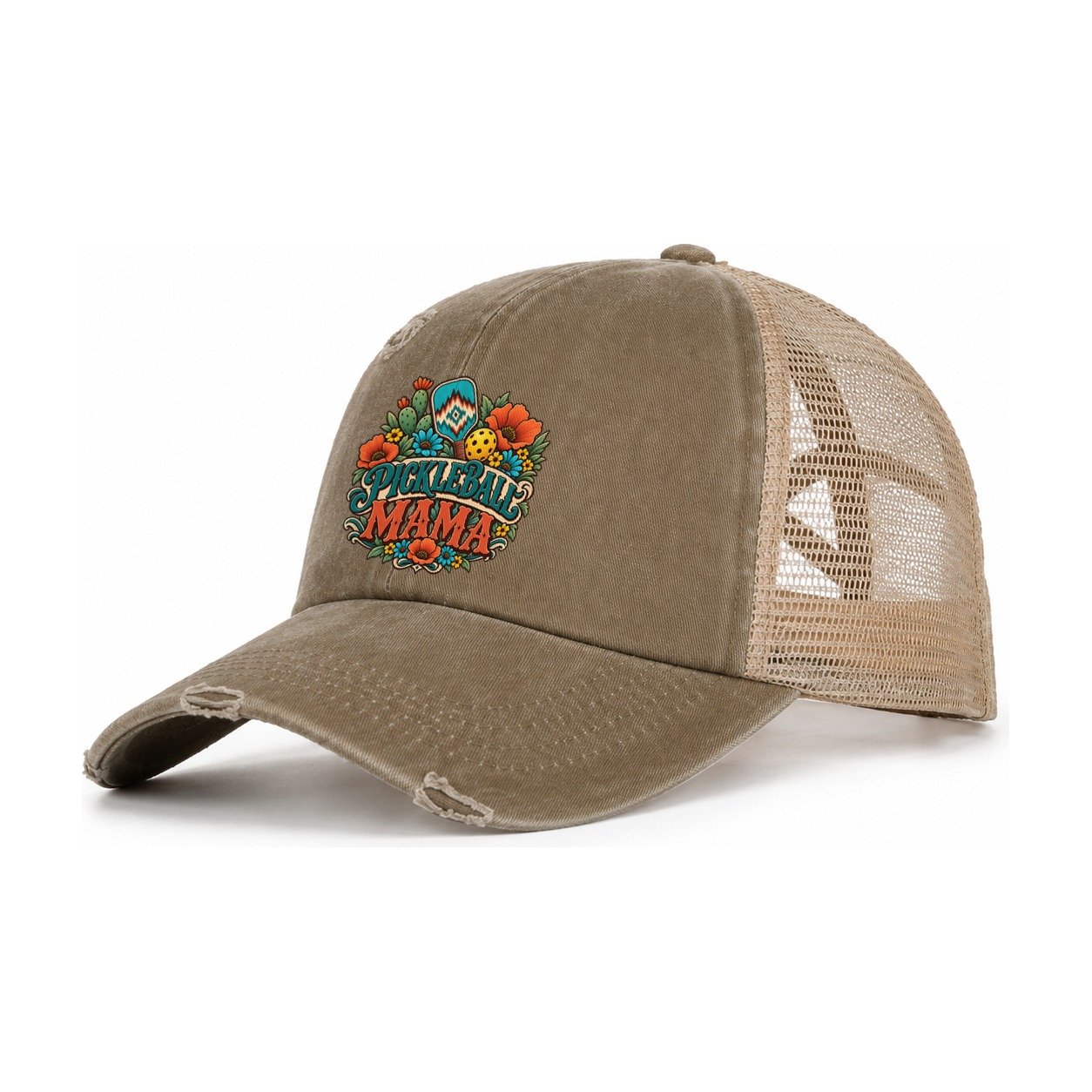 Pickleball Mama Pickleball Life Women's Ponytail Trucker Hat – Taupe Khaki