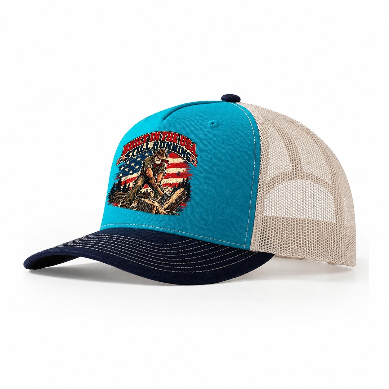 Built In The Usa Still Running Old Man Strong Trucker Hat – Teal Navy