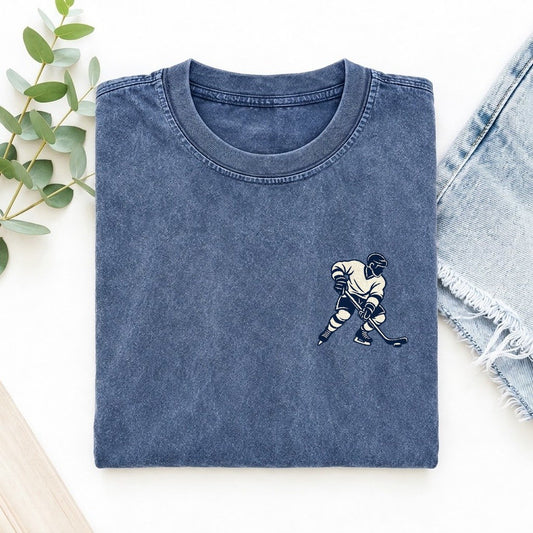 Ice Hockey Shot Left Chest Vintage T-shirt – Washed Blue
