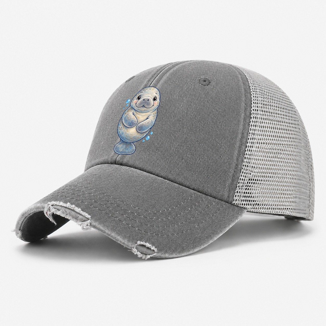 Manatee Front Flipper Hug Sea Sprite Washed Trucker Hat – Grey